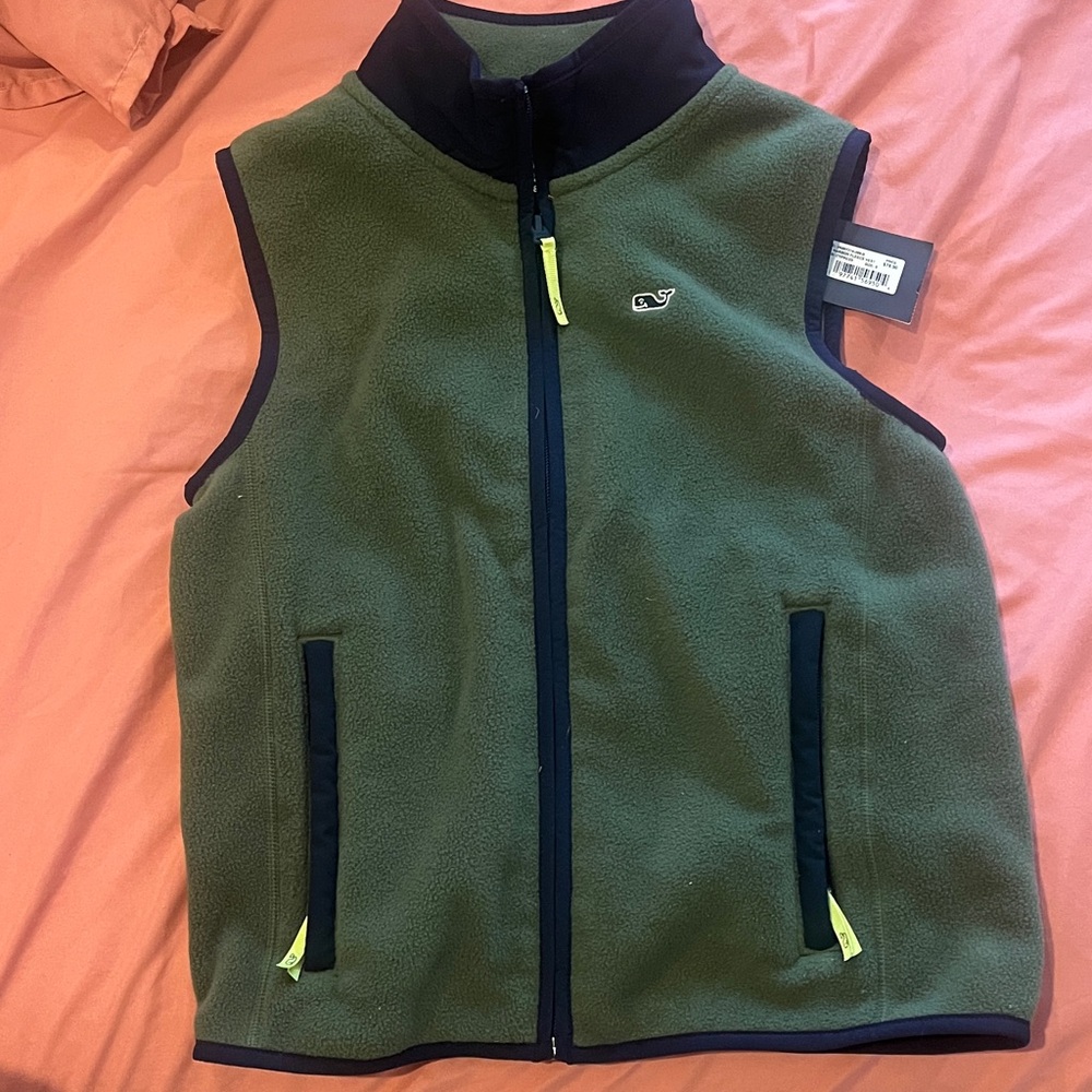 Vineyard Vines Olive Green Fleece Vest with Navy Accents and Yellow Zips